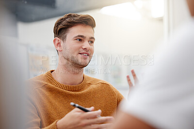 Buy stock photo Leadership, mentor or student man presenter in workshop for education, learning or teaching in classroom. Collaboration, training or teamwork at school, college or university library for research