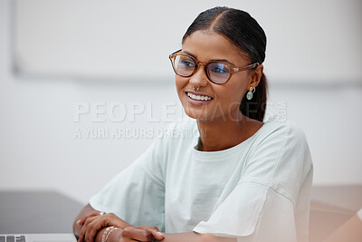 Buy stock photo Woman, student and classroom focus with smile at college in lecture for education, learning and training. Girl, glasses and happy at school, university or class for lesson, study or scholarship