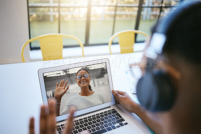 Buy stock photo Laptop, virtual study meeting and students working on a university project together online. Elearning, collaboration and people greeting on a video call for academic work and discussion on a computer