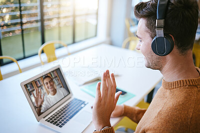 Buy stock photo B2B virtual video call, students and laptop screen with hello wave in meeting, teaching or online learning. Excited international elearning people, friends on zoom call for team knowledge networking
