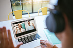 Student video call, webinar or presentation meeting with laptop, headphone or computer for networking, communication or teamwork. Remote students on online zoom for group, education or school project