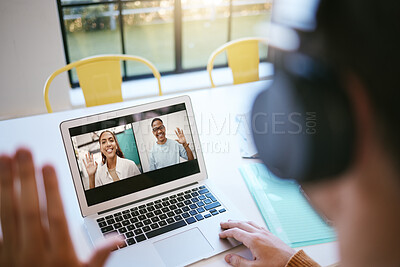 Buy stock photo Student video call, webinar or presentation meeting with laptop, headphone or computer for networking, communication or teamwork. Remote students on online zoom for group, education or school project