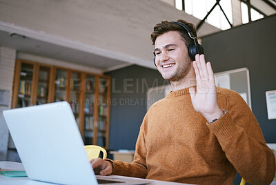 Buy stock photo Elearning, video call and student with laptop in online class wave hello for learning, university and education. Young college man in a digital e learning course with internet wifi and zoom call talk