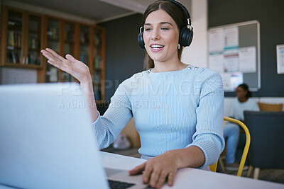 Buy stock photo Customer support call, crm computer and web help woman worker on a online pc consultation. Internet and technology call center employee consultation with headset working a on digital tech consulting
