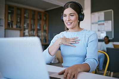 Buy stock photo Video call, presentation and student with laptop and headphones talking in virtual class discussion at university library or workspace. College woman teacher in virtual zoom call for elearning course