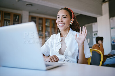 Buy stock photo Laptop webinar, video call meeting on online zoom call in library, school or classroom. Wave, student or woman happy or greeting on webinar training or education presentation class with smile