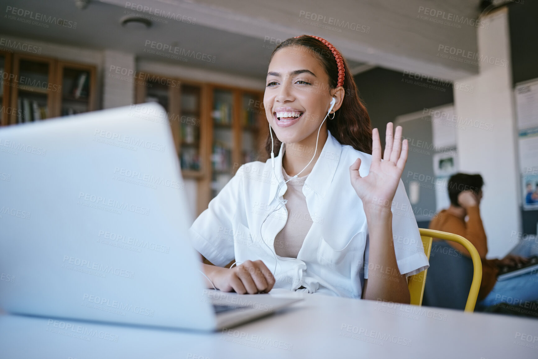 Buy stock photo Laptop webinar, video call meeting on online zoom call in library, school or classroom. Wave, student or woman happy or greeting on webinar training or education presentation class with smile