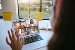 Video call, laptop and communication with a business team meeting on the internet for teamwork or collaboration. Networking, planning or strategy with an employee group talking online for remote work