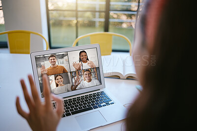 Buy stock photo Video call, laptop and communication with a business team meeting on the internet for teamwork or collaboration. Networking, planning or zoom with an employee group talking online for remote work