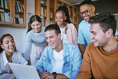Buy stock photo Diversity, university and students group planning and strategy for school project or sharing ideas, communication and laptop. Happy, scholarship and young people discuss and studying for a exam