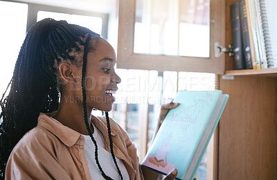 Buy stock photo Library, education and books with black woman learning for university, knowledge and studying. College, information and reading with young girl student research, project and exam lesson on campus