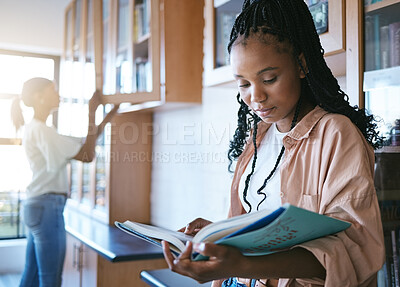 Buy stock photo College student, black woman library and reading books for education, learning and academic knowledge in Brazil. Young african studying exam, research project and information at university bookshelf
