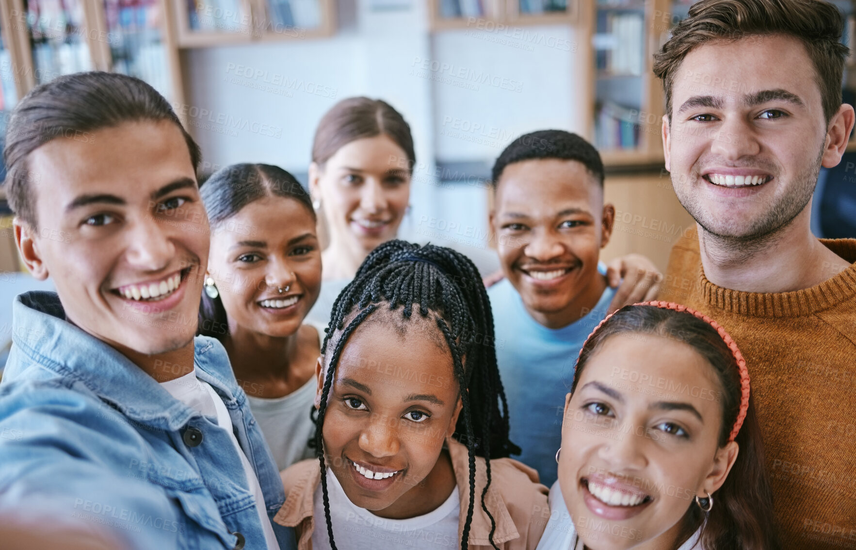 Buy stock photo Portrait, friends and university selfie by students in library, learning and relax together. Education, diversity and friendship with college group looking happy and cheerful while bonding at school