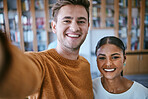 Portrait, students and selfie in a library with friends, relax and study together at university campus. Education, learning and  classroom student bond and having fun, on break from exam preparation