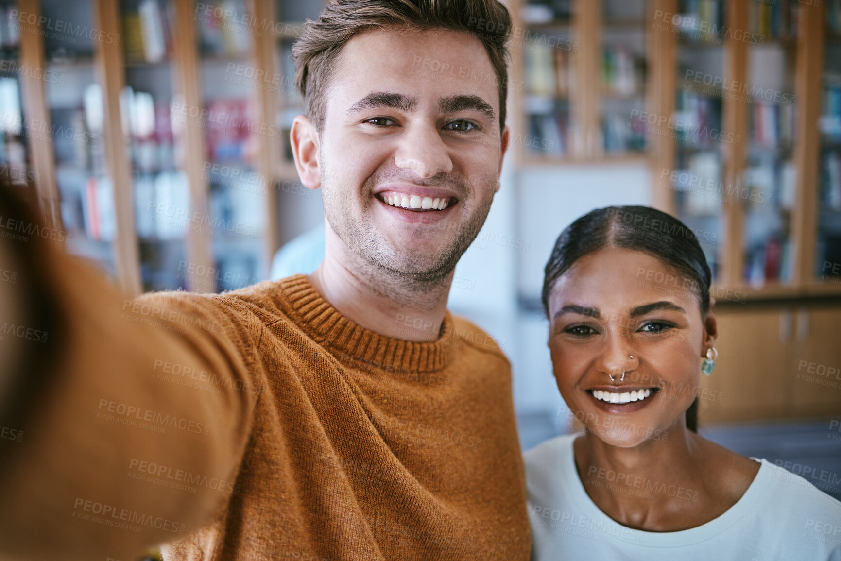 Buy stock photo Portrait, students and selfie in a library with friends, relax and study together at university campus. Education, learning and  classroom student bond and having fun, on break from exam preparation