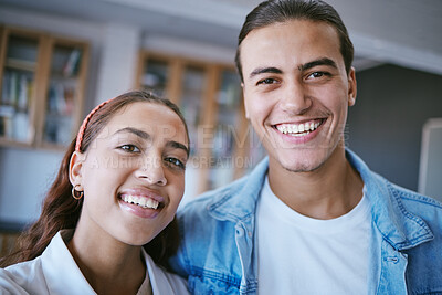 Buy stock photo Happy, friends and portrait smile for selfie at university together for learning, education and friendship in a library. Man and woman students at college smiling for photo, scholarship and knowledge
