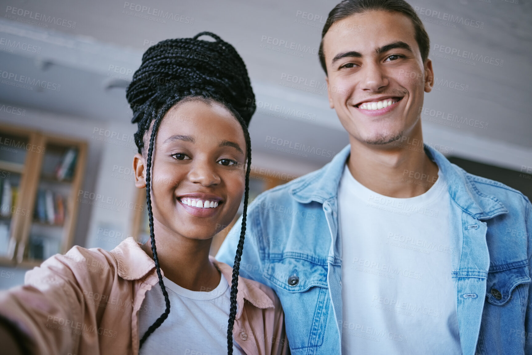 Buy stock photo Selfie, friends and portrait smile at university campus and happy for learning, education and friendship in a library. Young Mman and woman students at college smile for scholarship and knowledge