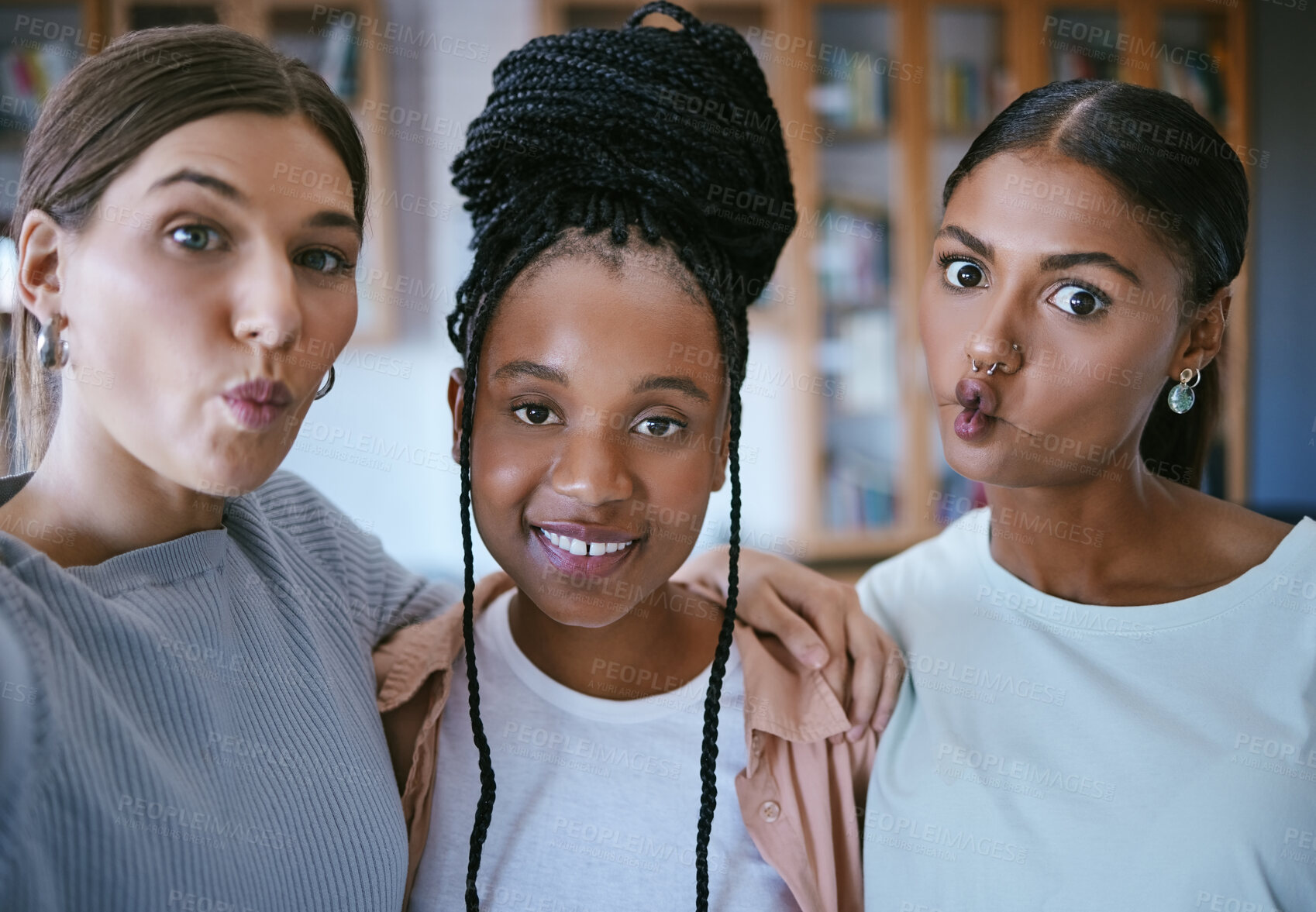 Buy stock photo Comic face, selfie and friends at university class for education being funny and crazy together. Portrait of women and students with diversity photo at college campus and silly expression at school