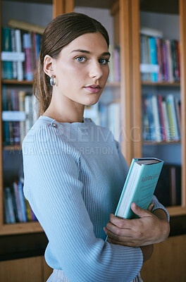 Buy stock photo Education, books or university student in college library, classroom or school campus and scholarship goals. Portrait, girl or learning woman and textbook, graduate mindset or notebook study research