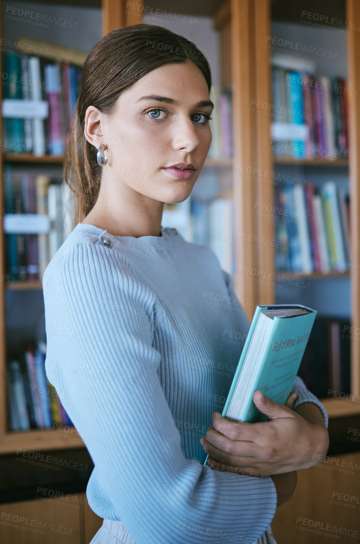 Buy stock photo Education, books or university student in college library, classroom or school campus and scholarship goals. Portrait, girl or learning woman and textbook, graduate mindset or notebook study research