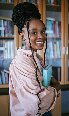 Buy stock photo Student, black woman and library books university, education and thinking or learning for knowledge, scholarship research. Portrait of young female studying, reading and lifestyle with gen z girl