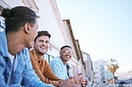 Friends on balcony, London people relax in city summer sunset lifestyle and party joke by funny young man. Happy gen z men talking by terrace, outdoor apartment weekend and friendship smile together