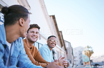 Buy stock photo Friends on balcony, London people relax in city summer sunset lifestyle and party joke by funny young man. Happy gen z men bonding by terrace, outdoor apartment weekend and friendship smile together