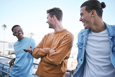 Buy stock photo Men, friends group and conversation outside bonding, laughing and happy discussion on sidewalk together. Diversity, gen z people speaking funny and relaxing talking, smiling and happiness