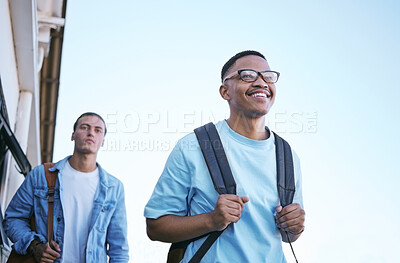 Buy stock photo Student, university and education with friends on campus walking to class or travel at school. Scholarship, study and college with a man pupil and friend in backpacks ready for development