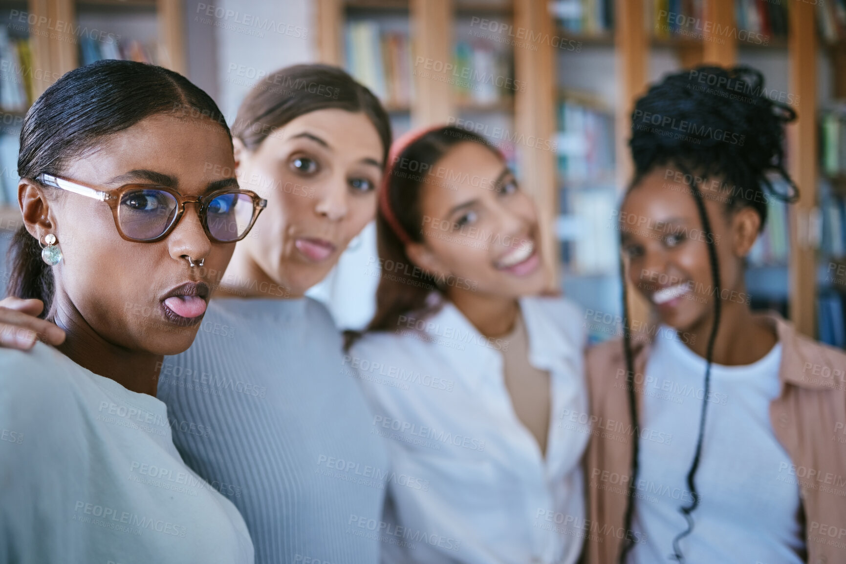 Buy stock photo Education, friends and selfie of students in library for social media, diversity and support in university. Learning, vision and happy with women in college together for knowledge, trust and study