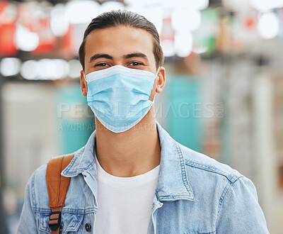 Buy stock photo Face mask, covid compliance or man in city, airport or commute travel in government healthcare law. Portrait, student or tourist in covid 19 safety in immigration, medical security or urban traveling