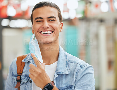 Buy stock photo University student remove face mask, end of covid and safety for learning, education and studying at back to school college in Portugal. Portrait happy campus man excited for corona virus freedom 