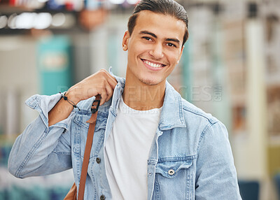 Buy stock photo Man, smile and happy with backpack for travel, study or work on walk in portrait. Person, bag and attractive happiness on face as tourist walking in city, airport or bus station in Los Angeles