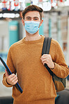 University student and covid portrait of man with face mask protection for virus transmission. Responsibility and respect of guy with corona cover for infection prevention at college campus.

