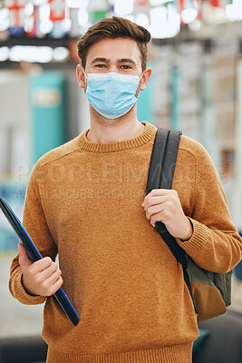 Buy stock photo University student and covid portrait of man with face mask protection for virus transmission. Responsibility and respect of guy with corona cover for infection prevention at college campus.

