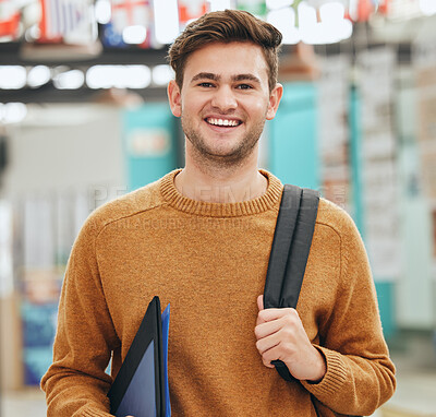 Buy stock photo College, study and education student man portrait with back to school backpack and portfolio in a classroom or university campus. Learning person with motivation, goal and knowledge for a scholarship