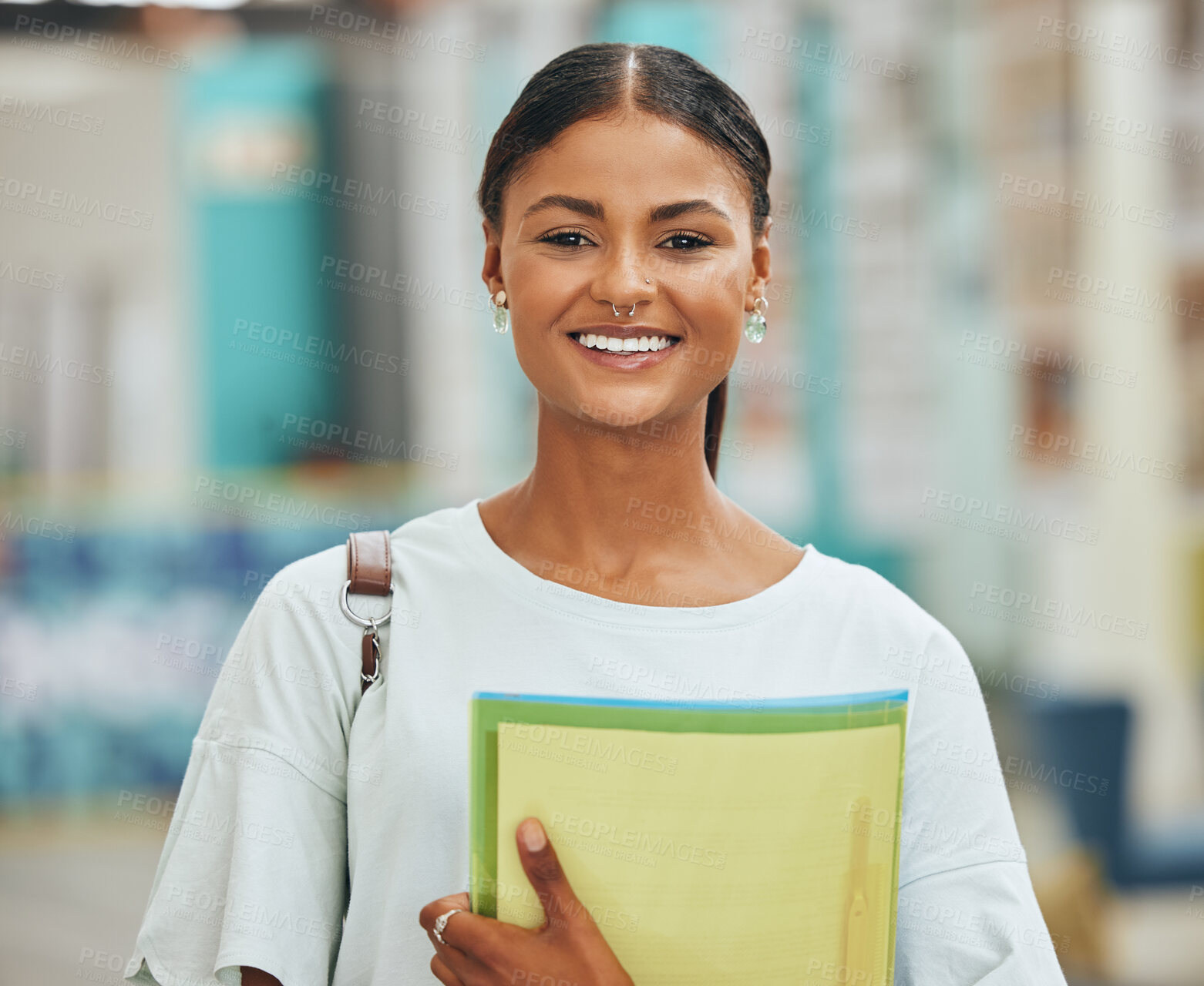 Buy stock photo University student, young woman portrait and college learning, studying and education campus. Happy, smile and cool gen z girl learner with exam books, motivation and academic knowledge in Colombia