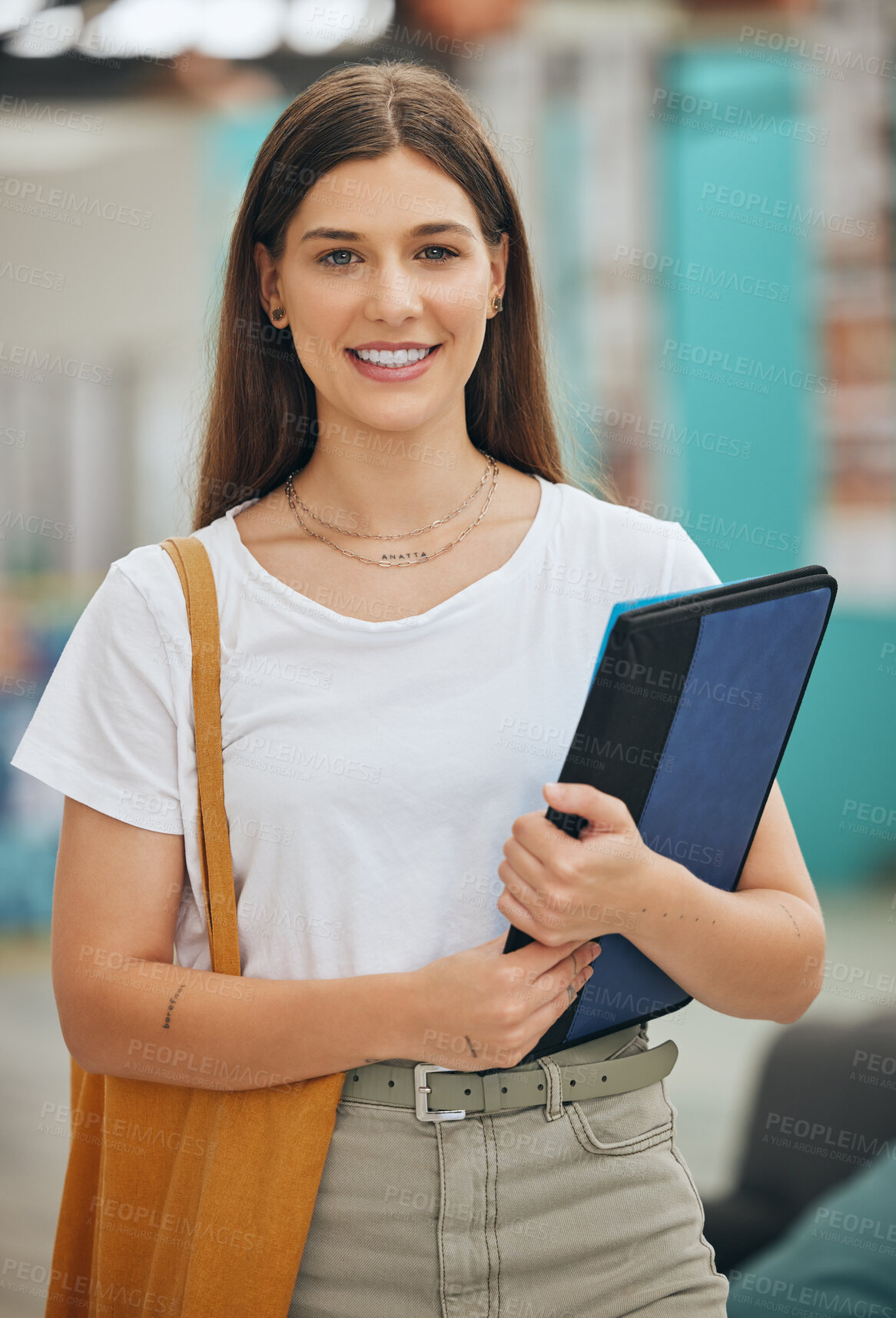 Buy stock photo Young woman, college student portrait and university campus for learning, school studying and higher education knowledge in Canada. Happy, proud and motivation of gen z youth portrait with notebooks