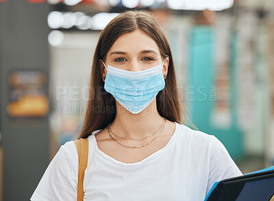 Buy stock photo Face mask, covid and portrait of a student girl at university with a scholarship, books and pandemic. Studying, education and woman from Australia standing and holding school files in college.