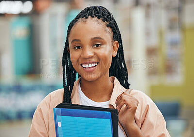 Buy stock photo Black woman portrait, university student and college campus to learning, studying and school education in Brazil. Happy young gen z girl with exam books, scholarship motivation and confident academic
