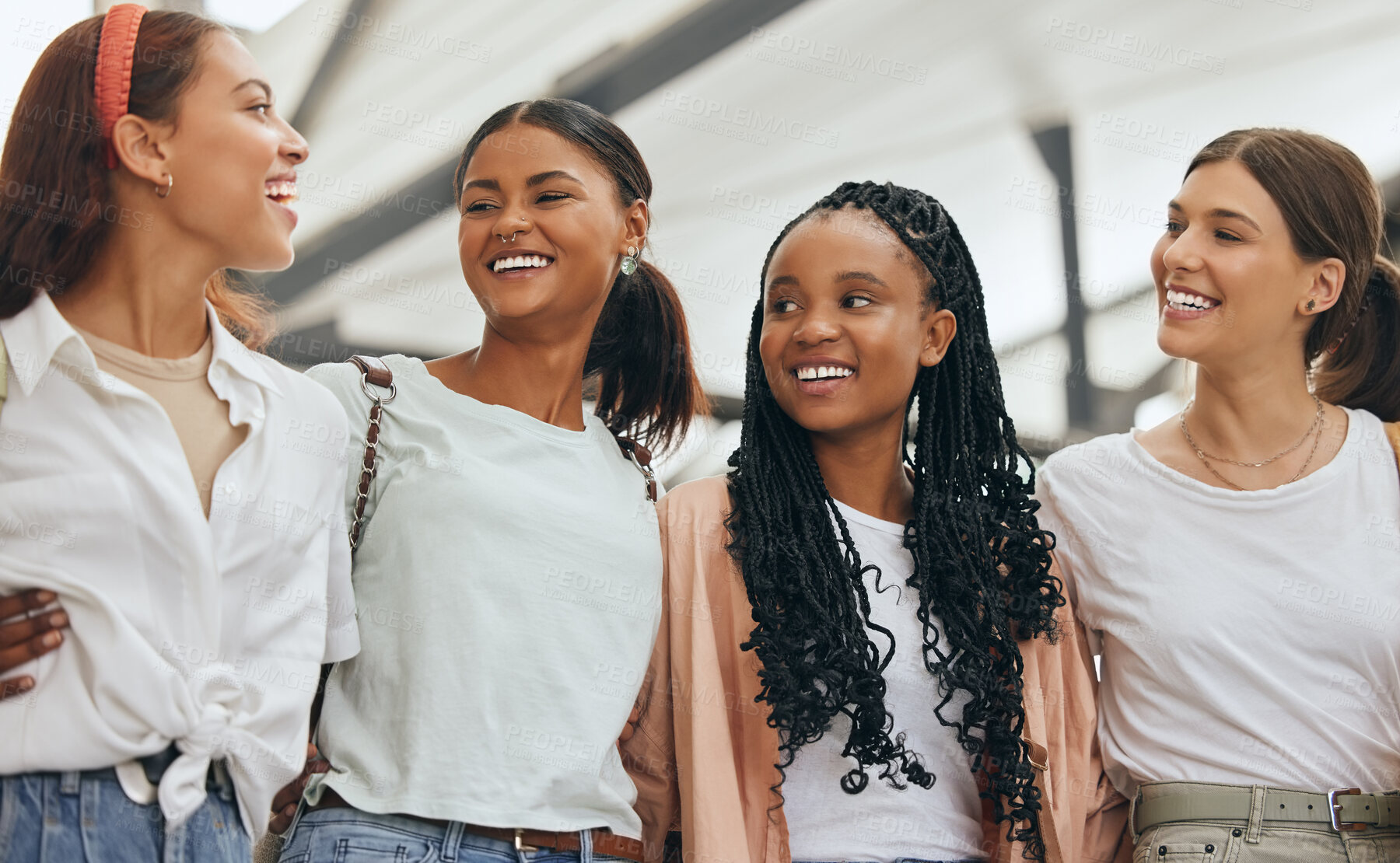 Buy stock photo Happy international women, friends diversity and lifestyle conversation in fashion shopping mall. Group of gen z girls talking, college students smile together with happiness and community happiness
