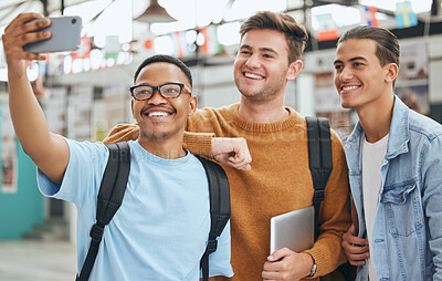 Buy stock photo Selfie, university campus and students friends portrait for group networking, social media update or cellphone digital memory. College, school men at education or learning scholarship fair on 5g tech