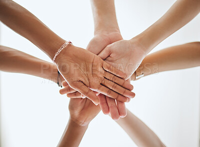 Buy stock photo Group of hands in unity, teamwork motivation or support for partnership goal, success and collaboration achievement. Team building, community or friends with trust for vision, mission or deal