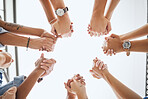 Friends, support and solidarity circle hands for commitment group from low angle with mockup. Trust, loyalty and respect in caring friendship with supportive people who appreciate togetherness.

