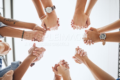 Buy stock photo Motivation, friends and holding hands from low angle for support and care with commitment mockup. Trust, hope  and solidarity in friendship with supportive people who appreciate togetherness.


