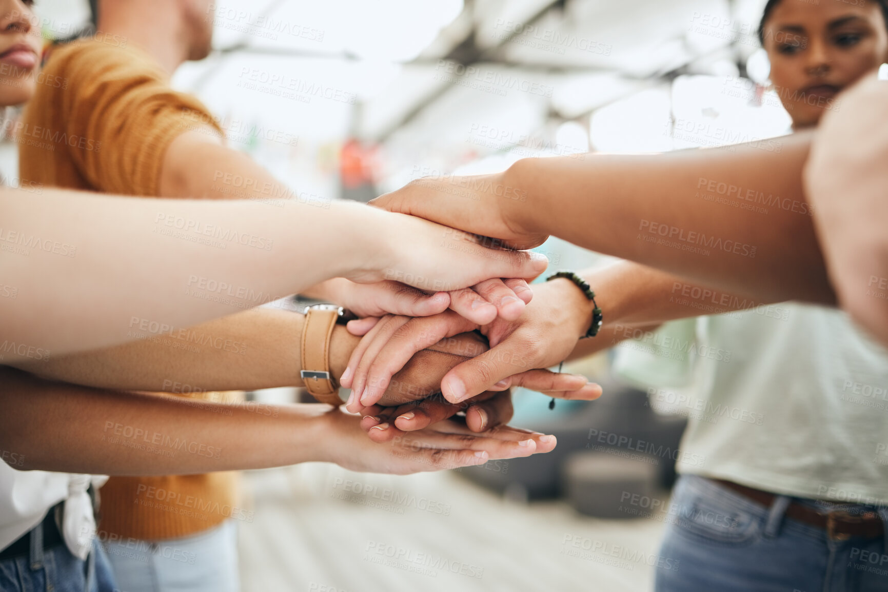 Buy stock photo Group hands, motivation and team building trust mission for success, partnership deal and winner support together. Closeup people celebrate global community, diversity and collaboration achievement