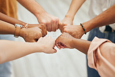 Buy stock photo Fist bump, hands and teamwork support hand sign showing community, team building and goal success. Friends or work employees with solidarity together to show diversity mission collaboration and trust