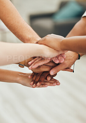 Buy stock photo Diversity, hands and team collaboration in business for planning, support and trust at the office. Hand of diverse group in teamwork success for unity and creative plan together in project agreement
