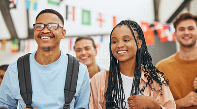 Buy stock photo College friends, couple and happy students group at university for education, learning and knowledge together. Young, smile and black people gen z youth walking at campus for back to school studying 