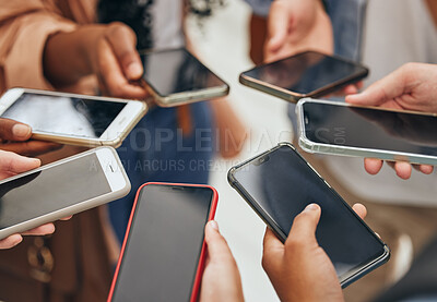 Buy stock photo People group hands, phone screen and social media mobile apps, typing and digital iot connection together. Closeup social network, internet website and 5g smartphone cloud computing technology online